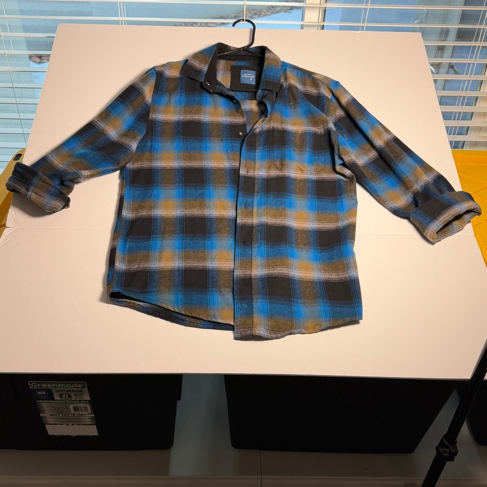 Essex Crossing Mens Blue Brown Plaid Flannel Shirt Long Sleeve Cotton Small
